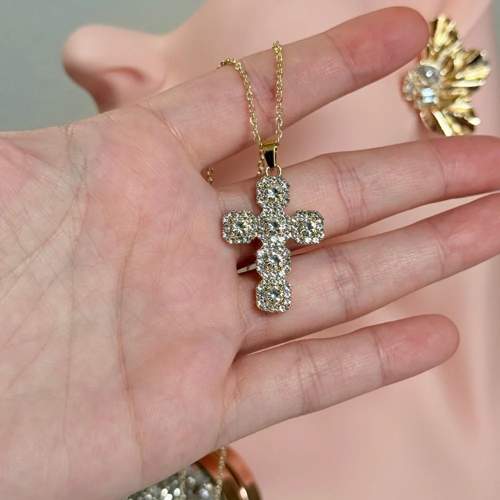 Zara Gold Cross Pendant Necklace with Clear Crystal Accents